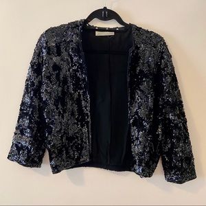 Chic Vintage Black Sequin Jacket w/ Removable Fur